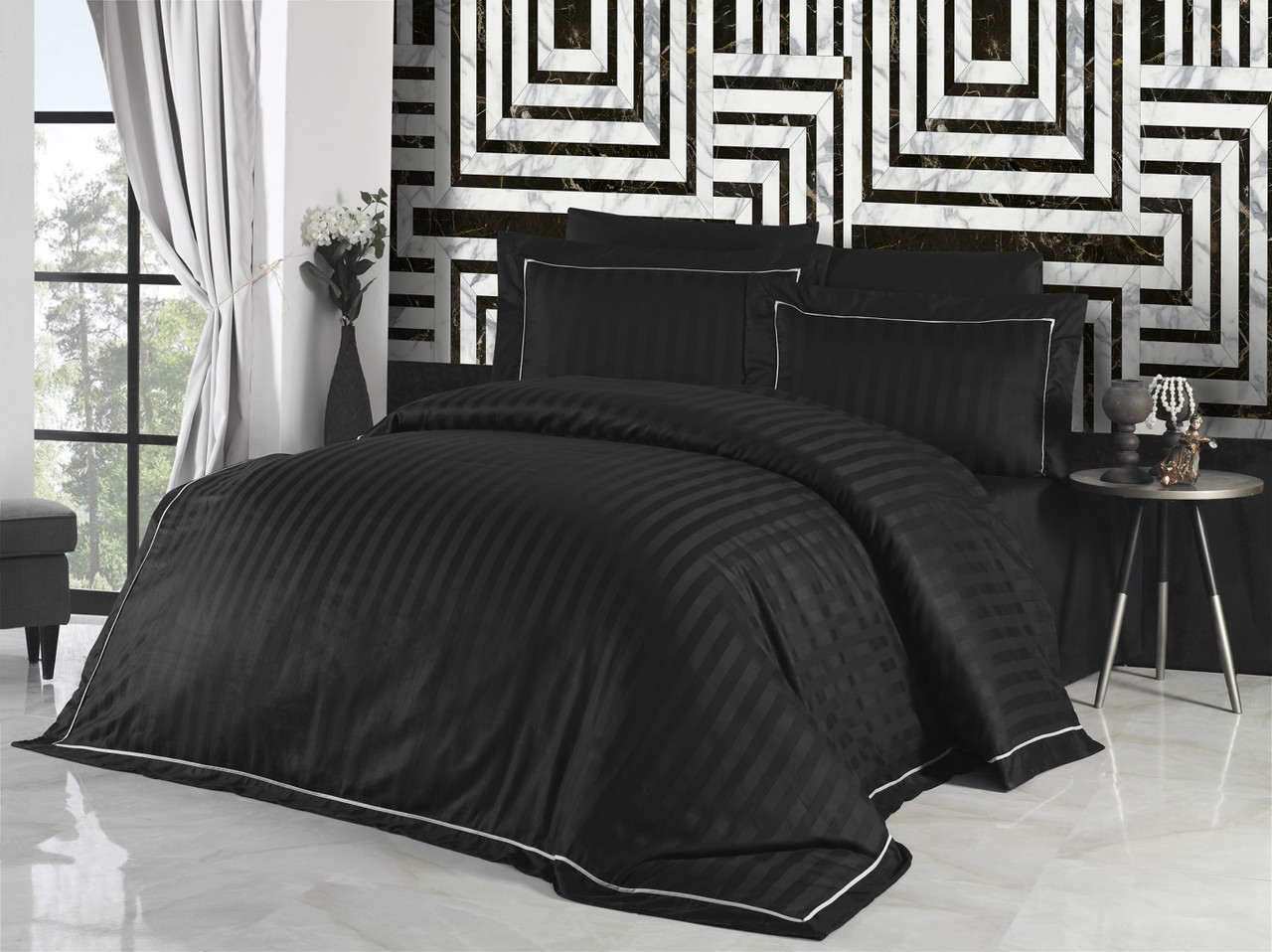 Комплект постільної білизни First Choice Deluxe Satin 200х220 Novel Line Black, фото 1