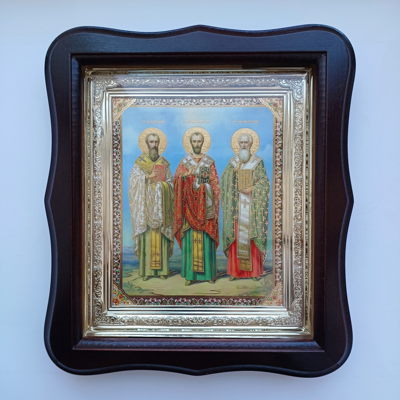 Ікона Василій Великий, Григорій Богослов та Іоанн Златоуст, лик 15х18 см, у темному дерев'яному кіоті, тип 2