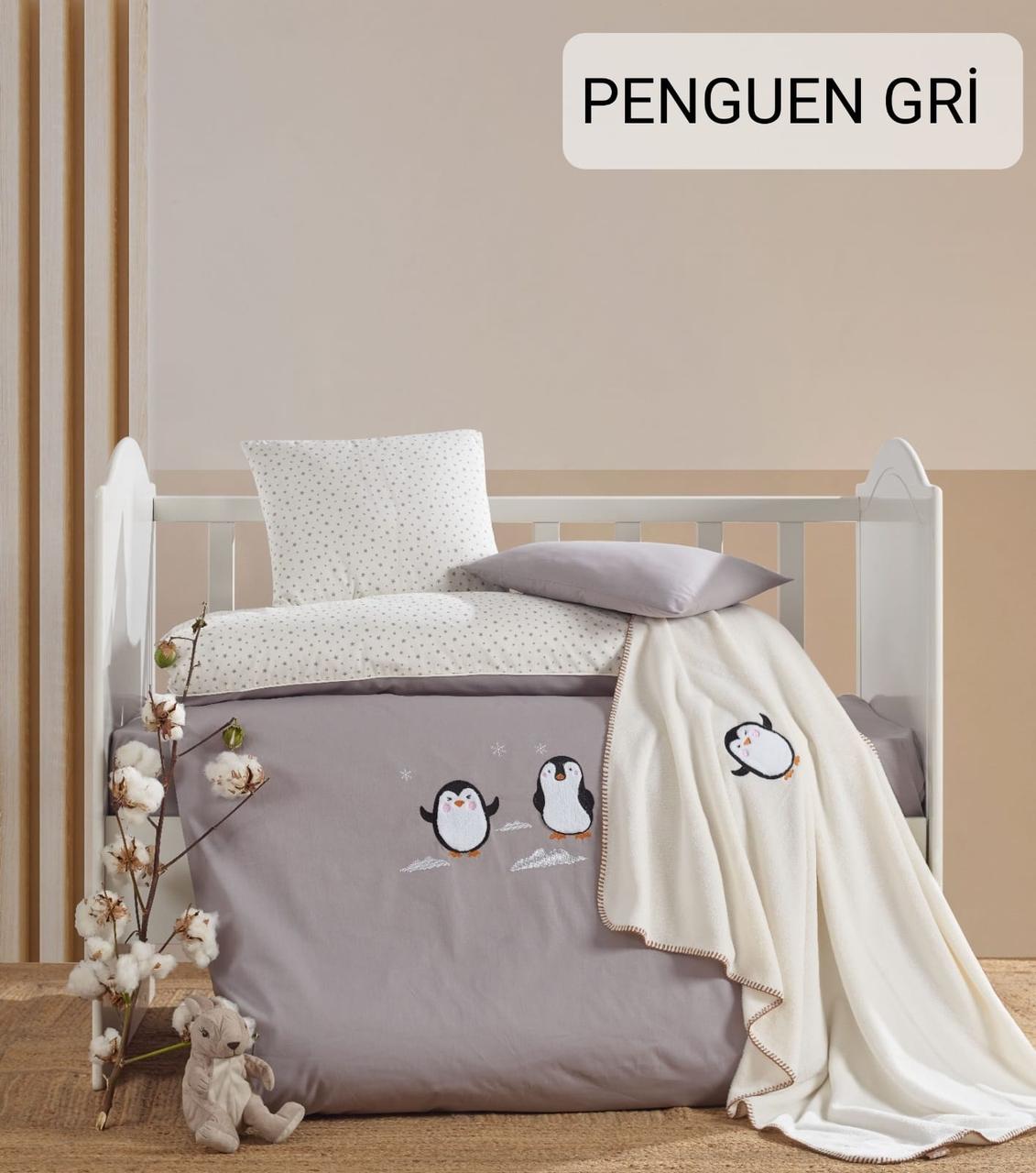 Дитяча постільна білизна з плюшевим пледом Elita Baby в ліжечко Penguen Gri