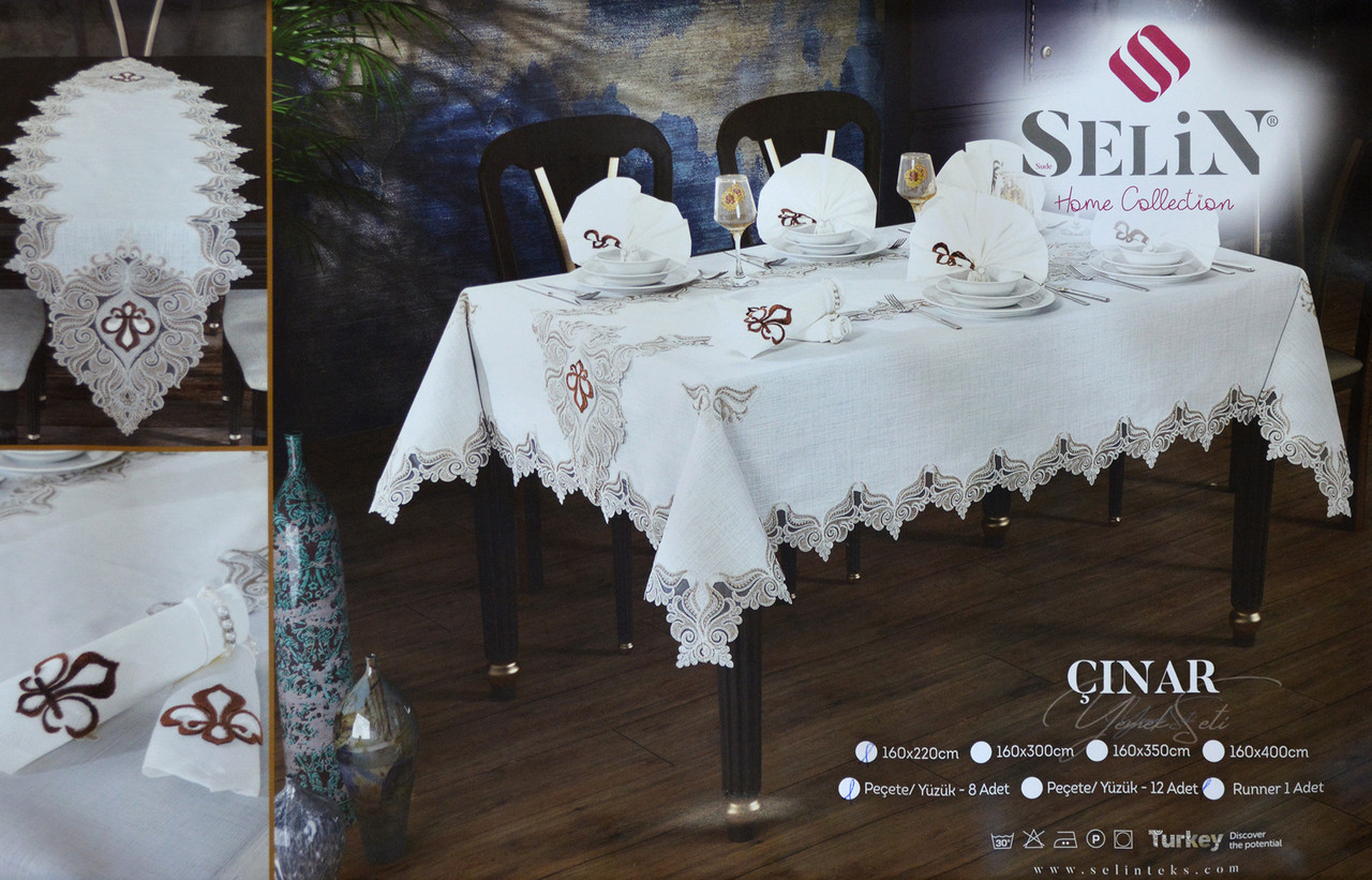 Лляна скатертина з ранером Selin Selin Cinar Set 160×350+12 серветок бежева