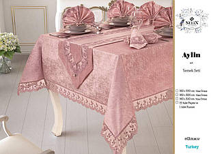 Велюрова скатертина з ранером Selin Aylin Set 160×300+12 серветок Кремова