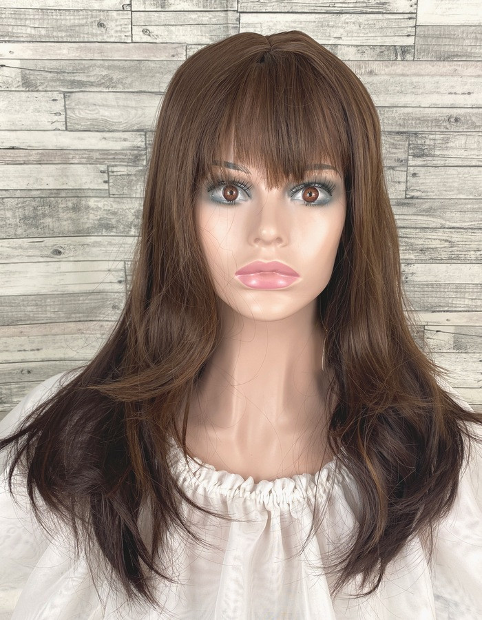 Перука жіноча середньої довжини прямої коричневий каштановий з прямою чубчиком 50см, фото 1