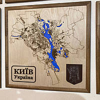 Декоративная карта Киева, деревянная картина в рамке, карта на фанере с рамкой 50х50 см