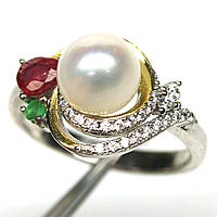 Каблучка срібна 925 натуральні перли, рубін, смарагд, цирконій. Р- 18.3
