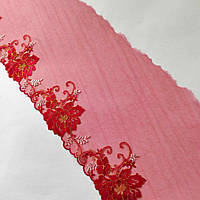 Ажурное кружево вышивка на сетке: красного цвета сетка, красная и золотистая нить, ширина 24 см