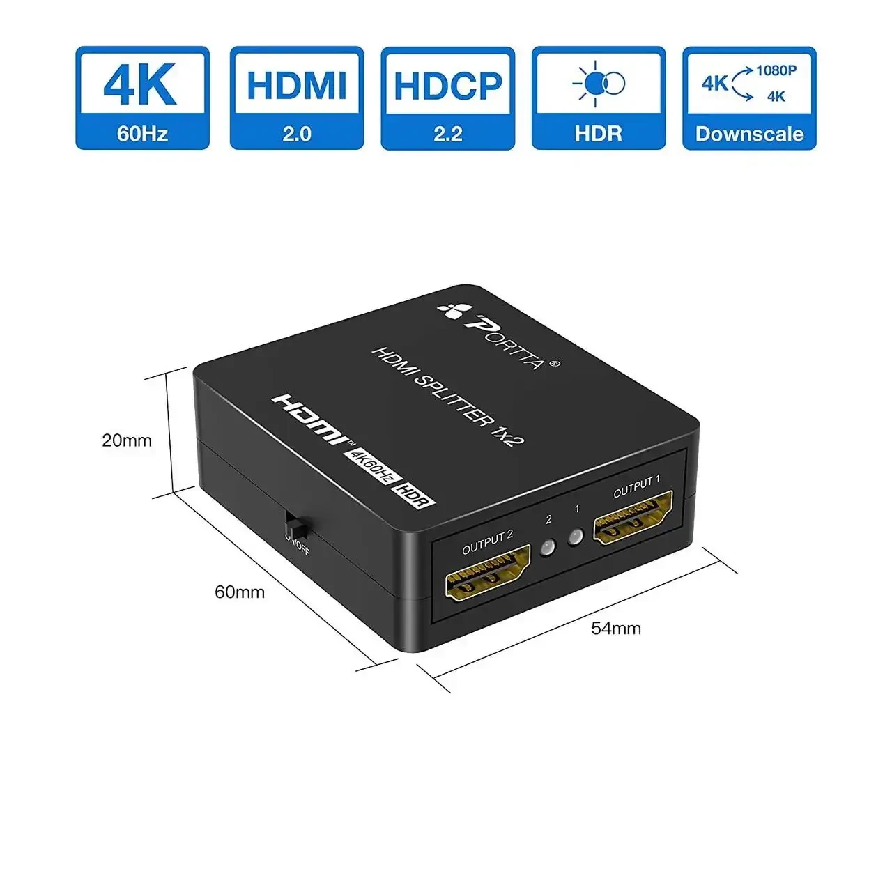 Разветвитель HDMI 1 вход 2 выхода 4K 60 Гц, разветвитель HDMI 1x2 с автоматическим масштабированием 4K - фото 3 - id-p1875102828