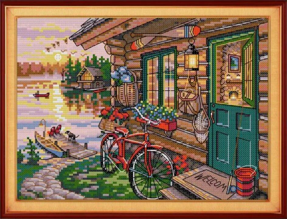 Набір для вишивання за нанесеною на канву схемою "Riverside hut".AIDA 14CT printed , 30*21 см