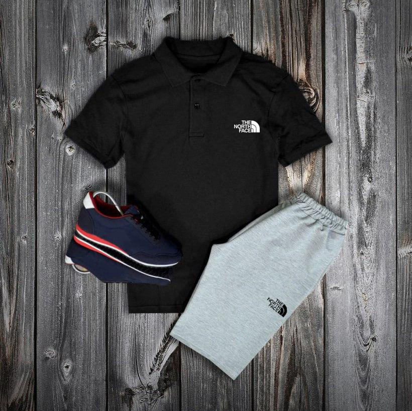 Костюм чоловічий літній футболка поло шорти The North Face чорний-сірий комплект повсякденний Тнф, фото 1
