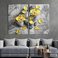 Картина диптих на холсте KIL Art для интерьера в гостиную спальню Лепестки орхидеи на дзен-камнях 165x122 см