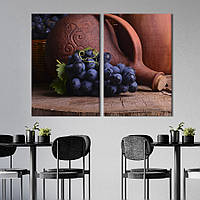Модульная картина из двух частей KIL Art Деревянная поверхность с сосудом для вина и виноградом 165x122 см