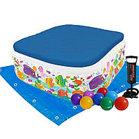 Детский надувной бассейн Intex 57471-3 «Аквариум», 159 х 159 х 50 см, с шариками 10 шт, тентом, подстилкой