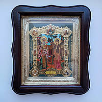 Икона Киприан и Иустина священномученики, лик 15х18 см, в темном деревянном киоте, тип 2