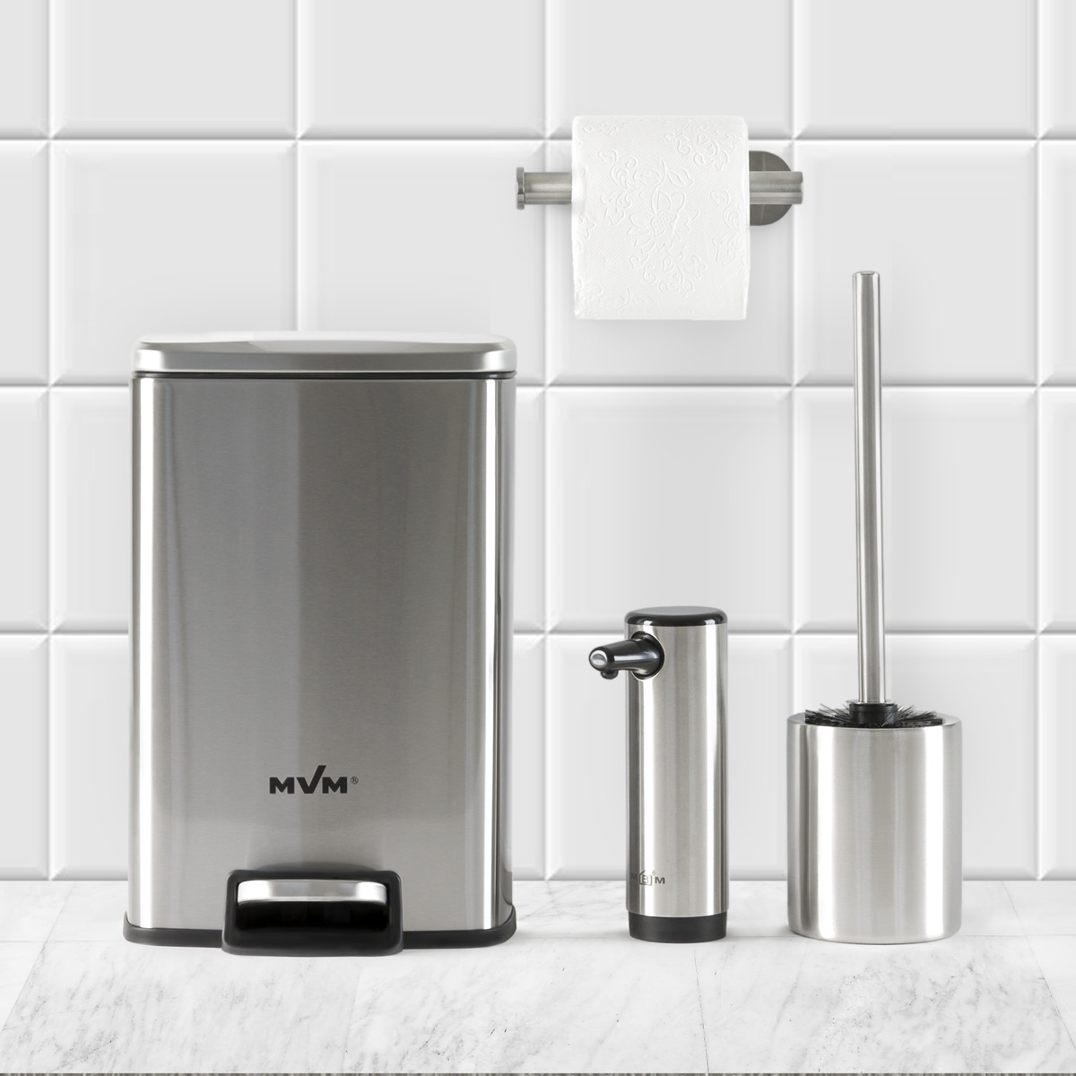 Комплект №19 steel square: тримач для паперу, йоржик, диспенсер та відро для сміття 5 л