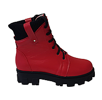 Женские кожаные ботинки на утолщенной подошве красного цвета 41, Мех шерстяной, Зима