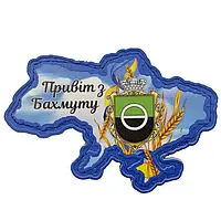 Шеврон в форме Украины, герб Бахмута. "Привіт з Бахмуту". Шевроны ПВХ