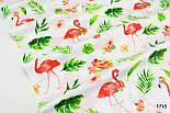 Тканина бавовняна "Фламінго у квітах і листі пальми" на білому тлі No1715, фото 2