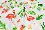 Тканина бавовняна "Фламінго у квітах і листі пальми" на білому тлі No1715, фото 3