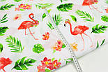 Тканина бавовняна "Фламінго у квітах і листі пальми" на білому тлі No1715, фото 5