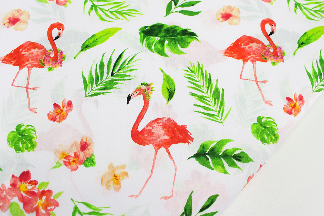 Тканина бавовняна "Фламінго у квітах і листі пальми" на білому тлі No1715, фото 1
