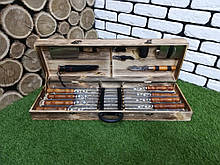 Набір із 8 шампурів для м'яса та люлюля-кебаб "Master" (730х15х3 мм) + комплект аксесуарів у дерев'яному кейсі