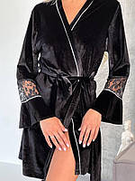 Женский черный велюровый халат