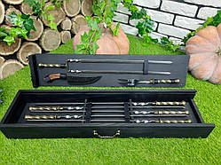 Набір із 6 шампурів "Вінінг" з кованою ручкою (700х12х3 мм) у дерев'яному кейсі + набір аксесуарів