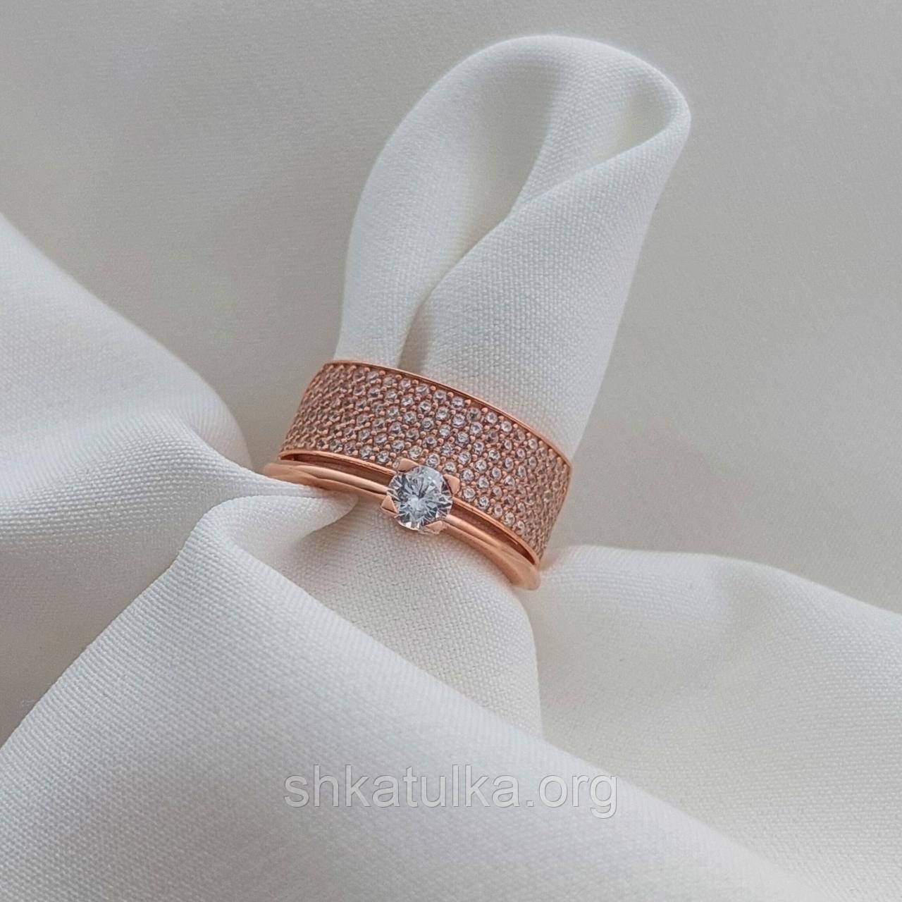 Срібна подвійна каблучка з позолотою та фіанітами широка