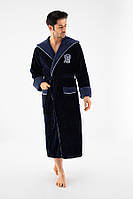 Качественный халат мужской с капюшоном велюр-махра темно-синий 7160