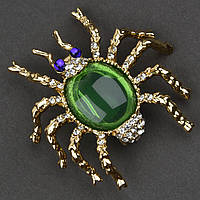 Брошь металлическая на золотистой основе паук с белыми стразами и зелёной и синими бусинами размер 45х45 мм