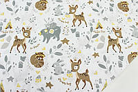 Ткань хлопковая "Бемби и еноты с серыми листочками" на белом фоне №328