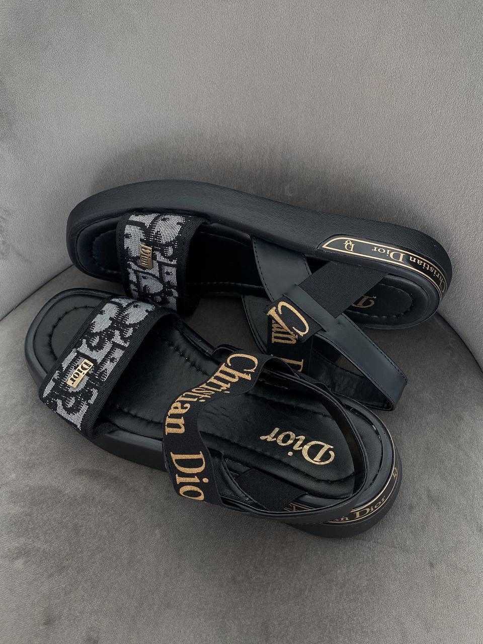 Босоножки Dior Black женские сандалии кожаные черные повседневные модные на низком ходу - фото 5 - id-p1875697443