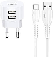 Сетевое зарядное устройство USAMS US-CC080 T20 Dual USB Round 2.1A with U35 Type-C Cable white