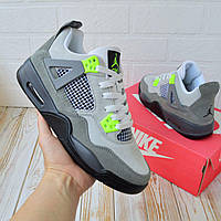 Серая с салатовым мужская обувь Nike Air Jordan Retro 4. Классные кроссы для парней Найк Аир Джордан 4.