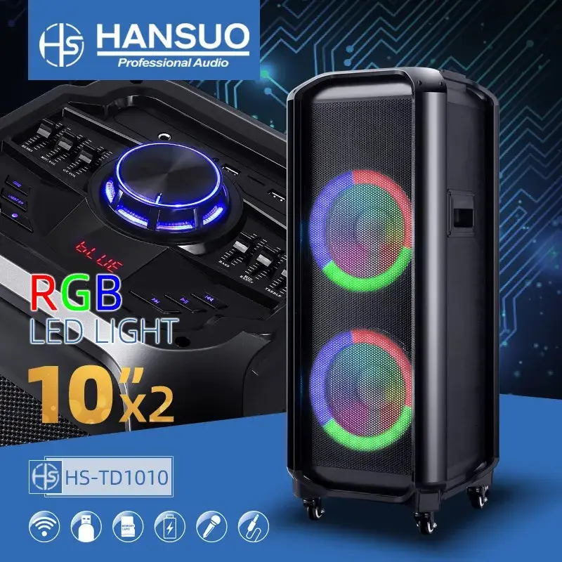 Переносна акустична система HANSUO HS-TD1010 (10"х2) (80 W) (бездротовий Мікрофон 2 шт + пульт) 7000 mAh