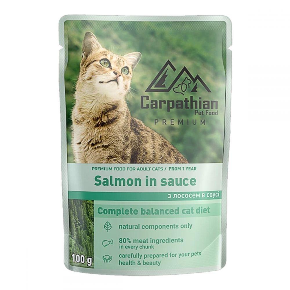 Вологий консервований корм для котів та кішок Лосось у соусі 100 г Carpathian Pet Food