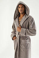 Теплый домашний мужской халат серый банный халат с капюшоном на запах, размер 2XL, Nusa