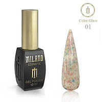 База Milano Color Glass 10мл №1 цветная база с поталью базовое покрытие для ногтей для маникюра с хлопьями юки