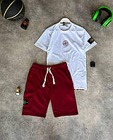 Чоловічий літній костюм Футболка + Шорти Stone Island білий з бордовим Стон Айленд