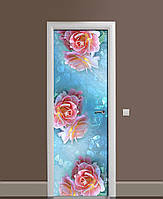Декоративная наклейка на двери Крупные пышные розы ПВХ пленка с ламинацией 60х180см Цветы Голубой
