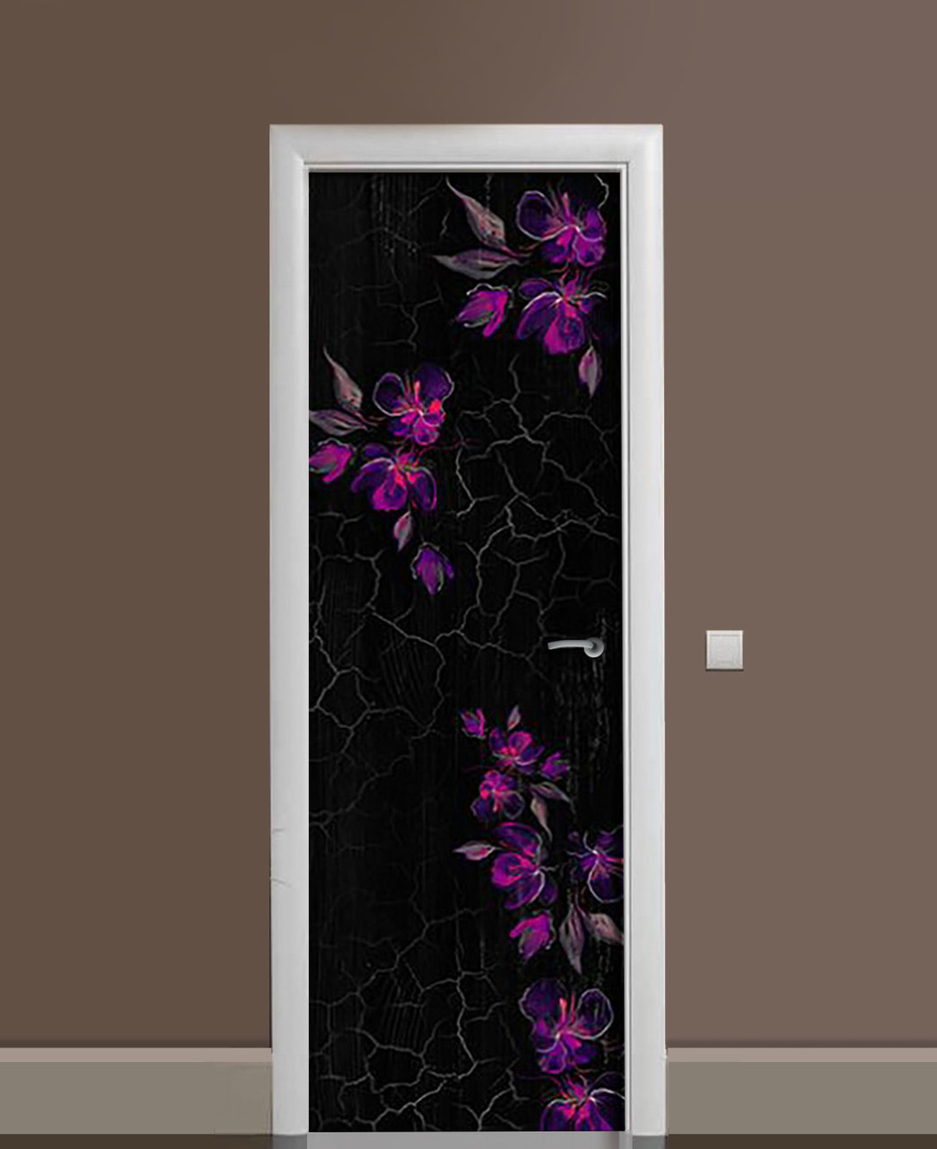 Вінілова наклейка на двері Фіолетові квіти Малюнок ПВХ плівка з ламінуванням 60х180см Квіти Чорний
