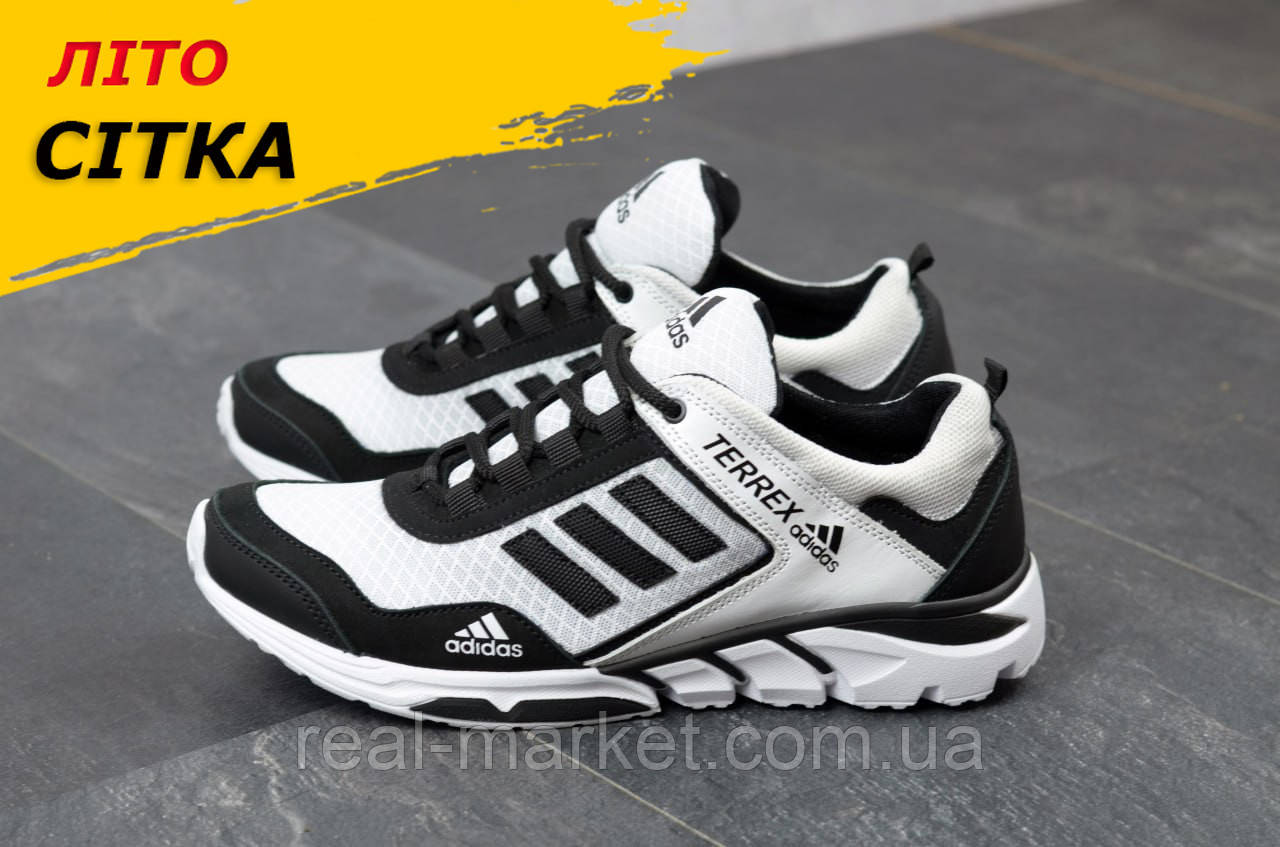 Чоловічі кросівки шкіра сітка Adidas для міста, білі кроси повсякденні з тканинним верхом на літо взуття *А-1 біл/сет*
