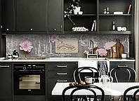 Кухонний фартух Крейдяний малюнок (вінілова плівка наклейка скіналі ПВХ) півонії рожеві квіти Сірий 60х200 см