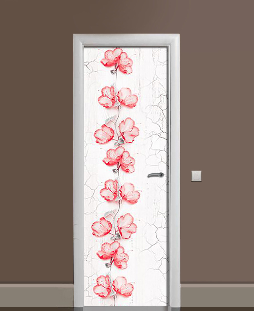 Вінілові наклейки на двері Червоний акцент квіти ПВХ плівка з ламінуванням 60х180см текстура Сірий