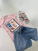 Костюм для девочки трикотажная футболка с джинсовыми шортами Долматинец
