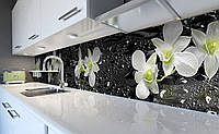 Кухонный фартук Мокрые Орхидеи (виниловая наклейка для кухни ПВХ пленка скинали) капли роса Цветы Серый
