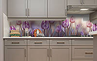 Виниловый кухонный фартук Утро и Тюльпаны (наклейка для кухни ПВХ пленка скинали) бутоны Цветы Фиолетовый