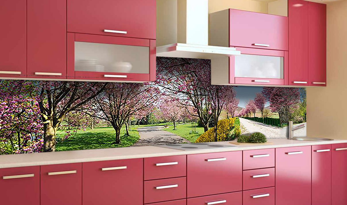 Вініловий кухонний фартух Квітучий сад (наклейка для кухні ПВХ плівка скіналі) дерева Природа Рожевий