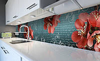 Виниловый кухонный фартук Крупные цветы Орнамент (наклейка для кухни ПВХ пленка скинали) надписи вензеля Синий