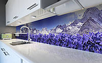 Виниловый кухонный фартук Фиалки Горы (наклейка для кухни ПВХ пленка скинали) цветы Природа Фиолетовый