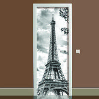 Вінілова наклейка на двері чорно-біла Ейфелева вежа (фотодрук плівка для дверей) подвійна 60х180 см